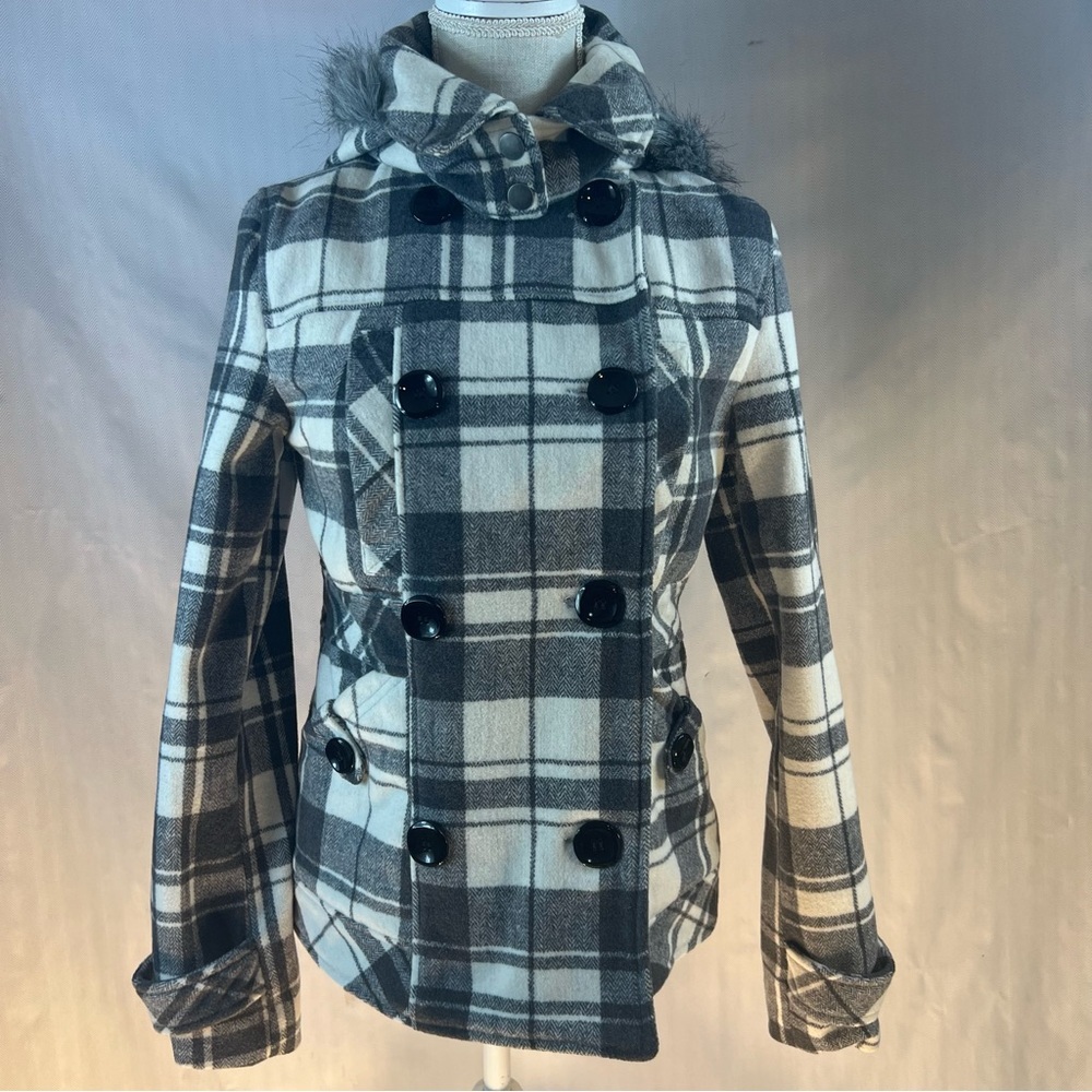 YMI Pea Coat Black & White Plaid Detachable Hood Faux Fur Double Breasted S👍